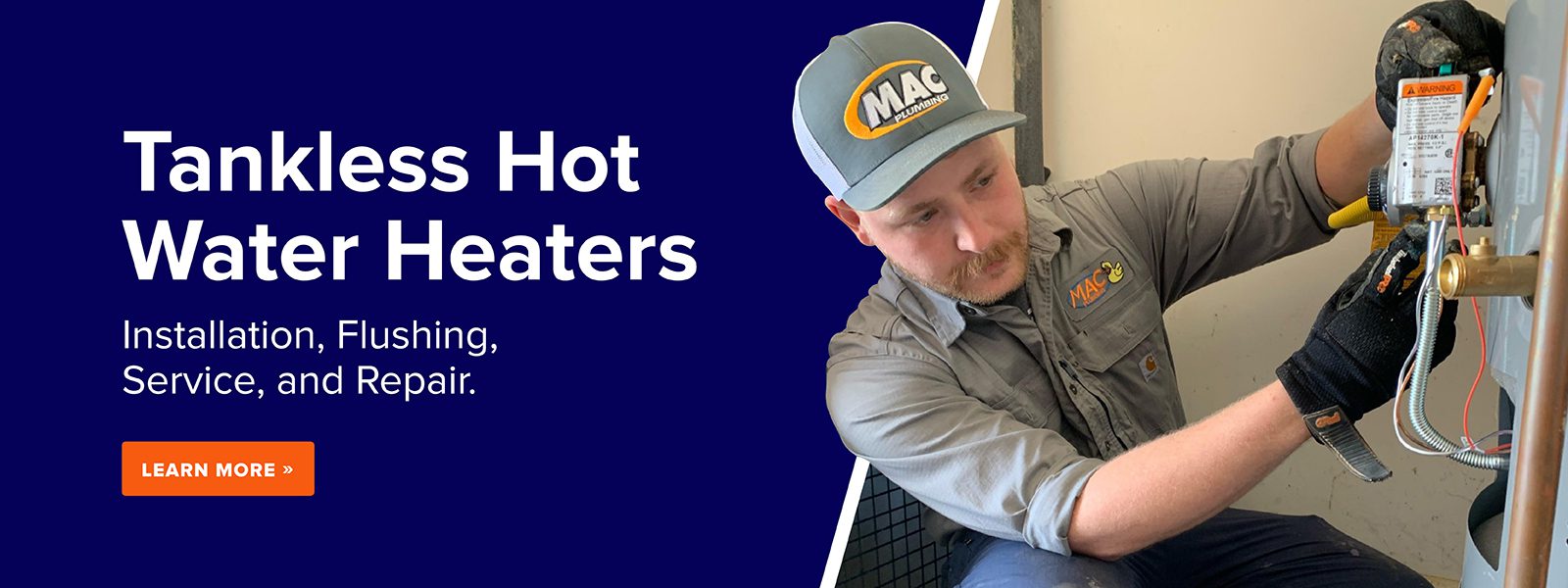 Mac-Plumbing-Heating-Cooling-Hot-Water-Heaters A Mac Plumbing Heating & Air employee repairs a hot water heater